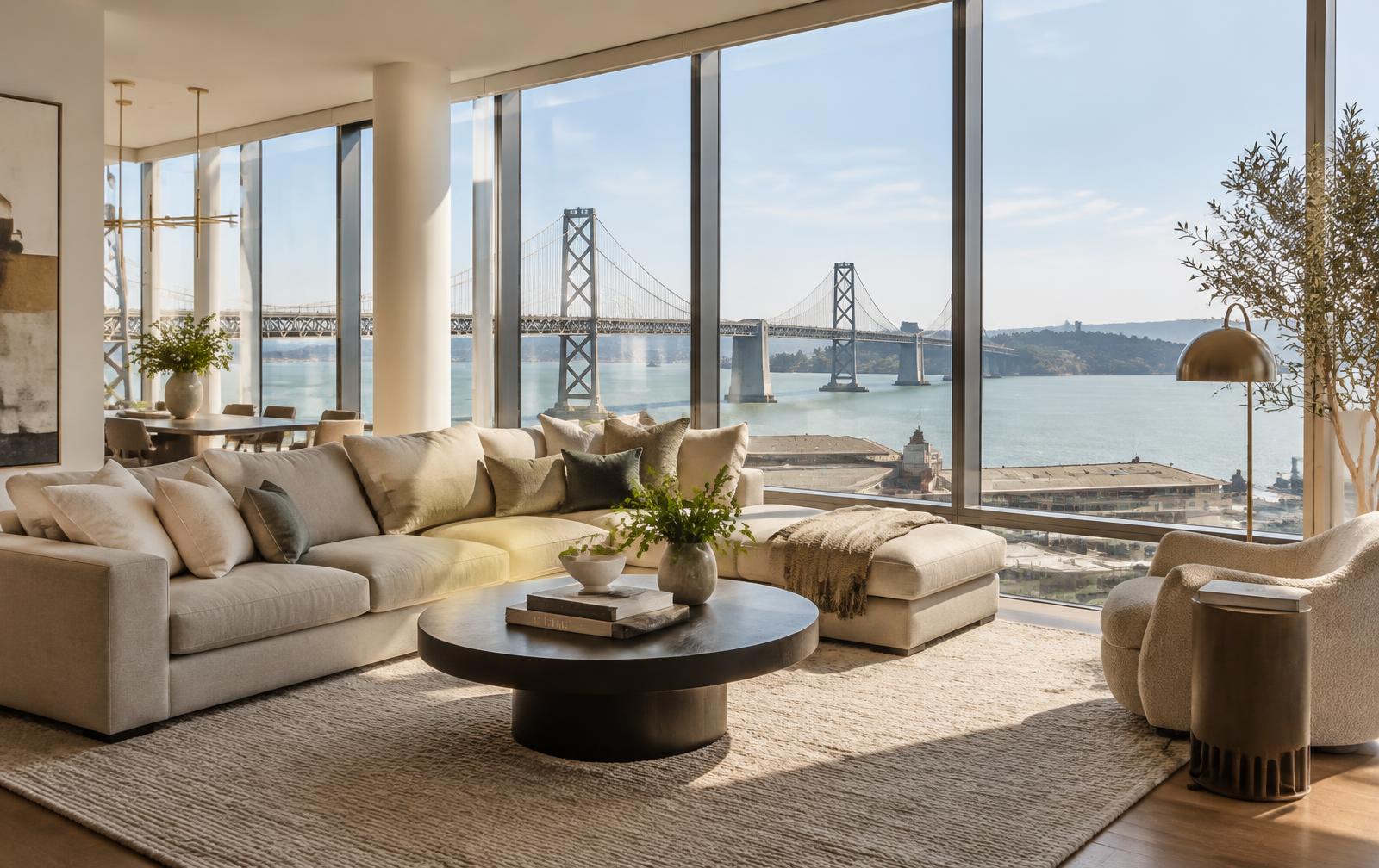 Bright San Francisco living room with Bay Bridge view