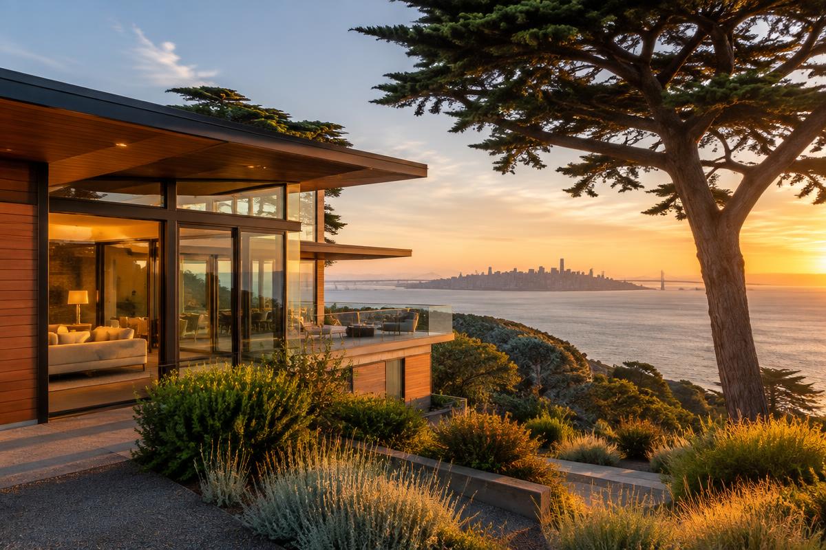 Modern Bay Area hillside home at sunset